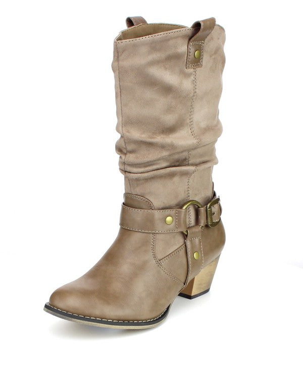 Front View. YEE HAW Grey Slouchy Western Cowboy Boots-Shoes-Malandra Boutique-Malandra Boutique, Women's Fashion Boutique Located in Las Vegas, NV