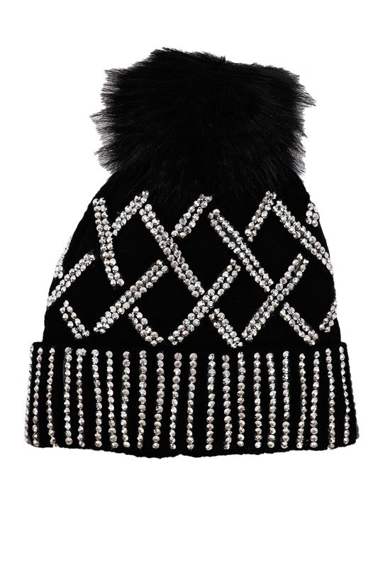 HOLLY Black Knit Rhinestone Pom Pom Beanie-Apparel & Accessories-cap zone-Malandra Boutique, Women's Fashion Boutique Located in Las Vegas, NV