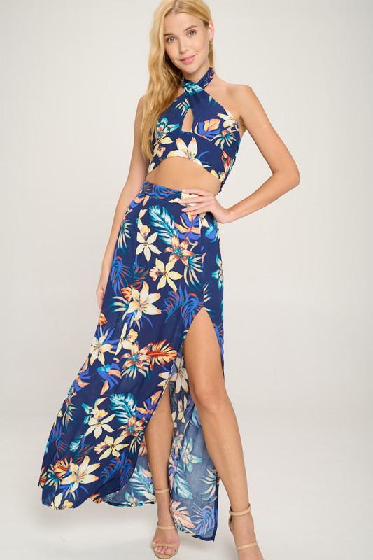 Front View. HONEST Tropical Halter Crop Top & Skirt Set-Outfit Sets-Miley + Molly-Malandra Boutique, Women's Fashion Boutique Located in Las Vegas, NV