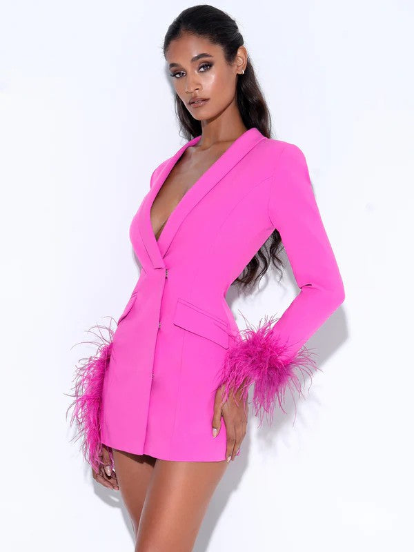 PINK DELIGHT Long Sleeve Ostrich Feather Blazer Dress-Dresses-miss circle-Malandra Boutique, Women's Fashion Boutique Located in Las Vegas, NV