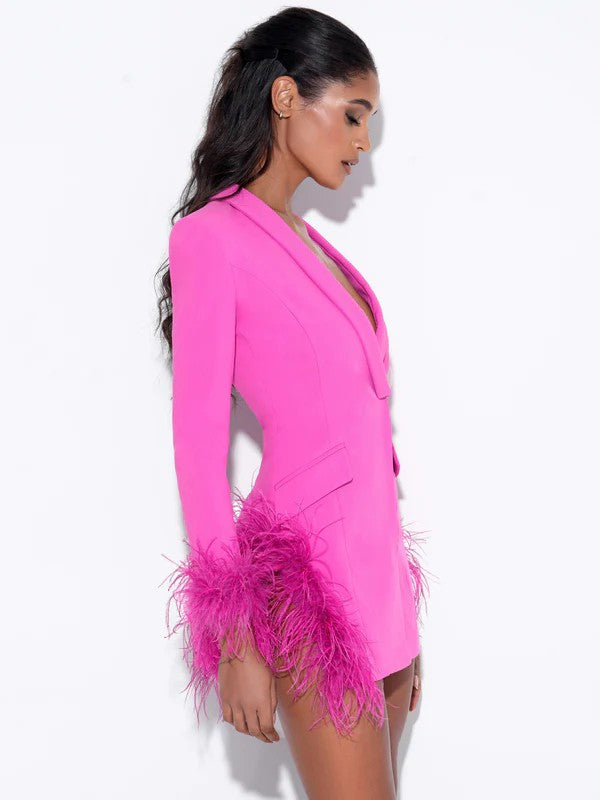 PINK DELIGHT Long Sleeve Ostrich Feather Blazer Dress-Dresses-miss circle-Malandra Boutique, Women's Fashion Boutique Located in Las Vegas, NV