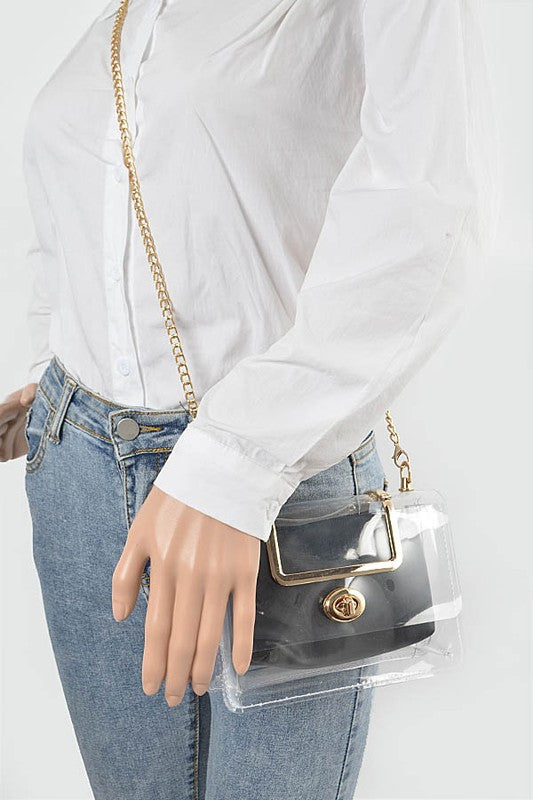 CLEAR LOVE Clear Elastic Cross Body Purse w/ Gold Detailing & Wallet-Accessories-ILord-Malandra Boutique, Women's Fashion Boutique Located in Las Vegas, NV