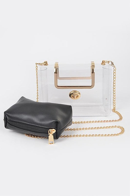 CLEAR LOVE Clear Elastic Cross Body Purse w/ Gold Detailing & Wallet-Accessories-ILord-Malandra Boutique, Women's Fashion Boutique Located in Las Vegas, NV