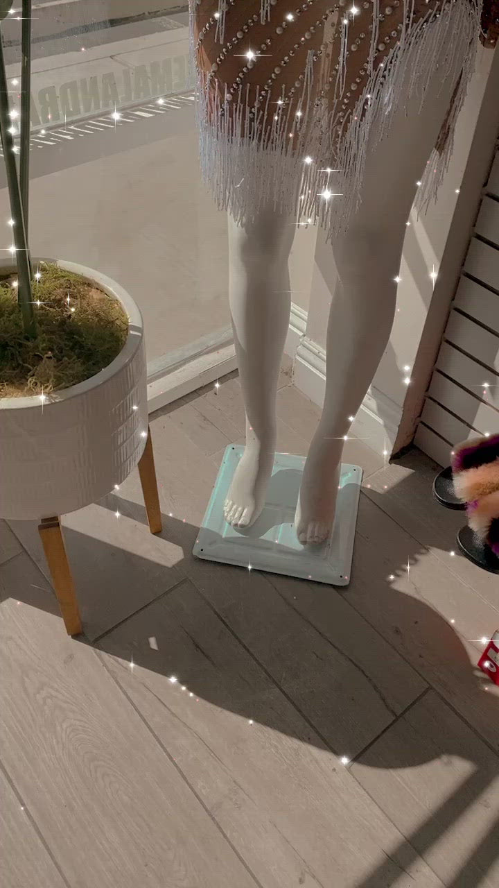 IMAGINE Pearl & Crystal Encrusted Nude Fringe Dress