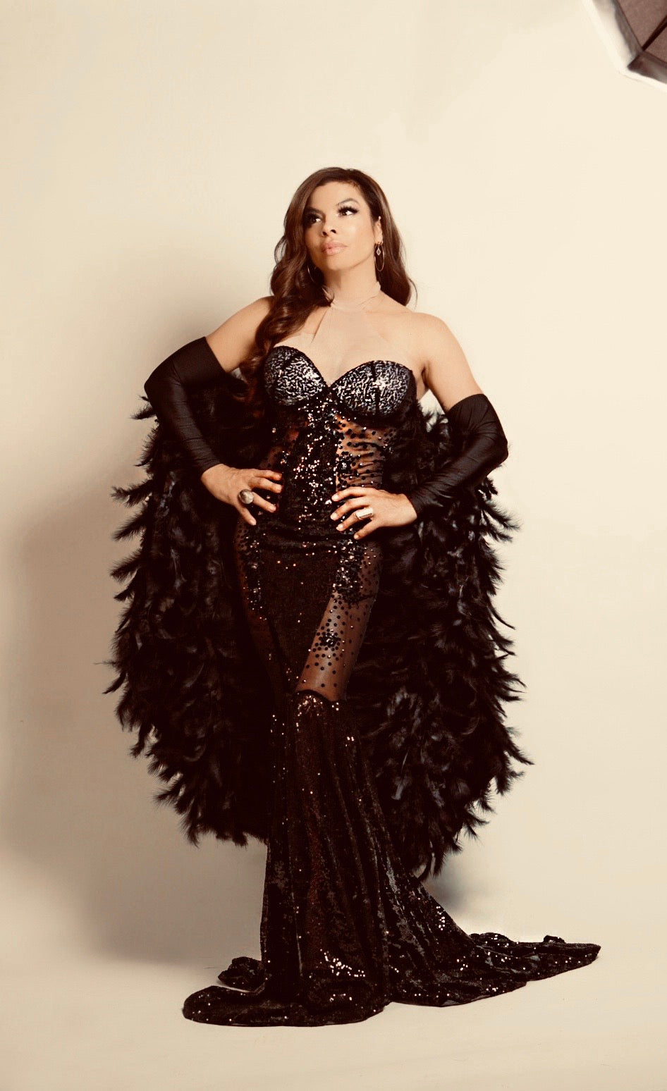 GLORIOUS Show Stopping Sexy Black Feather Bat Sleeve Gown-Long Dress-Malandra Boutique-Malandra Boutique, Women's Fashion Boutique Located in Las Vegas, NV