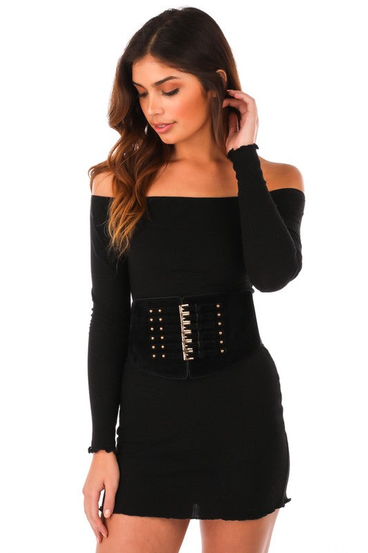 Black with Gold Front View. THIS GIRL Corset Belts-Accessories-Malandra Boutique-Malandra Boutique, Women's Fashion Boutique Located in Las Vegas, NV