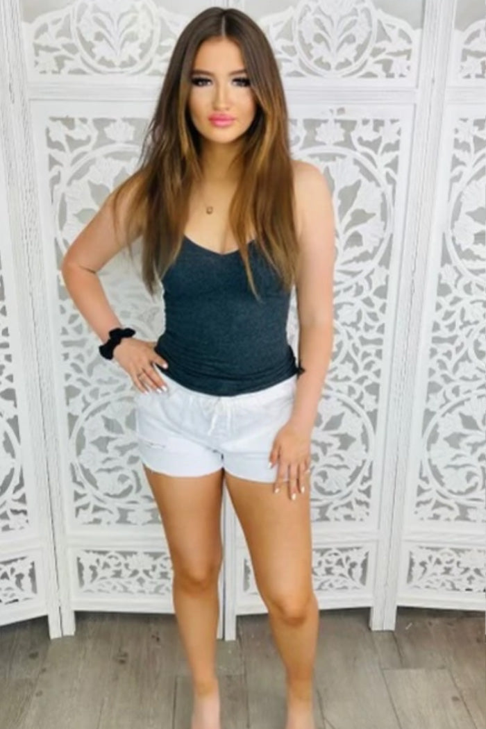 White Front View. LA ISLA Denim High Rise Shorts with Front Tie-Shorts-YMI Dream collection-Malandra Boutique, Women's Fashion Boutique Located in Las Vegas, NV