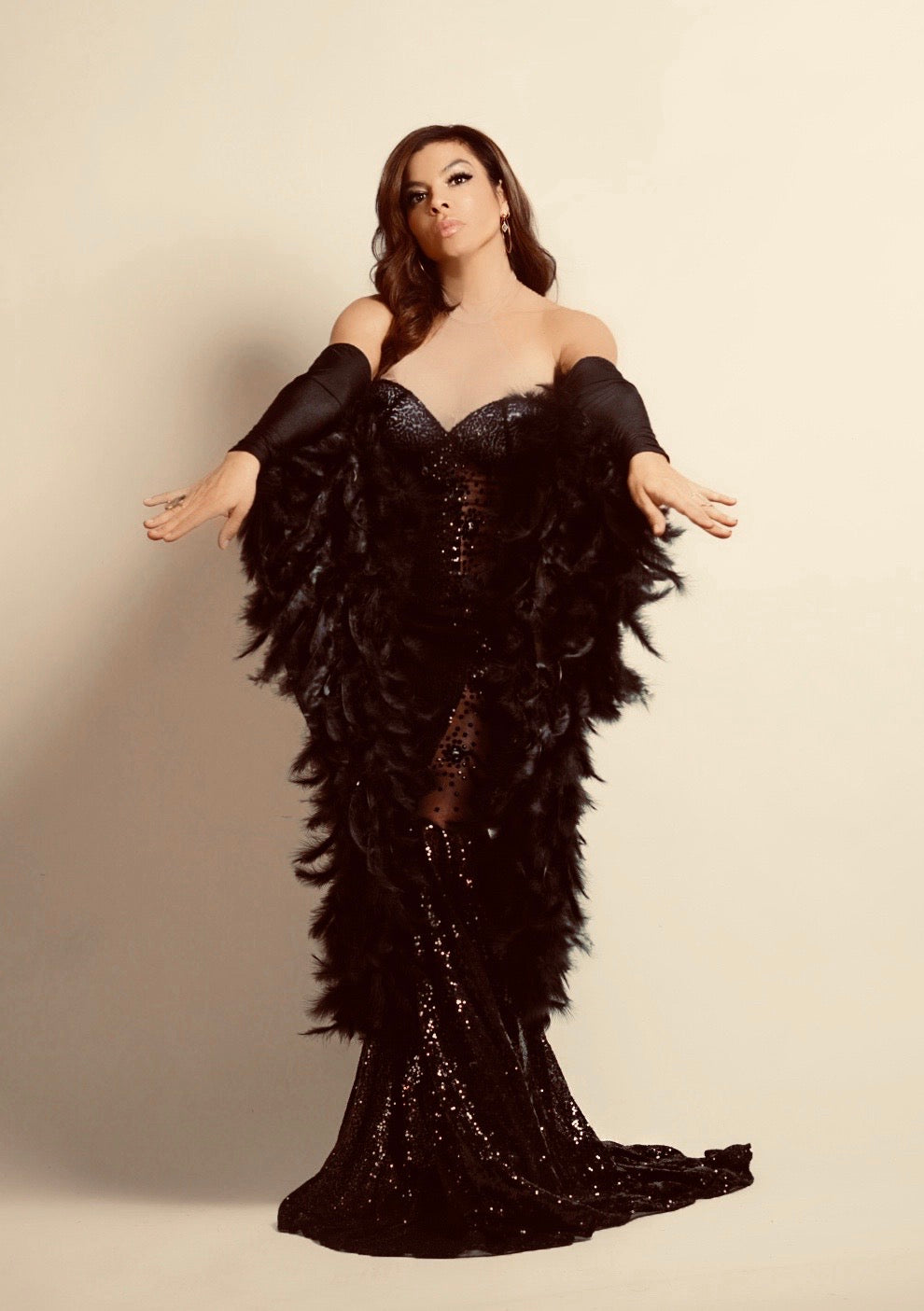 GLORIOUS Show Stopping Sexy Black Feather Bat Sleeve Gown-Long Dress-Malandra Boutique-Malandra Boutique, Women's Fashion Boutique Located in Las Vegas, NV