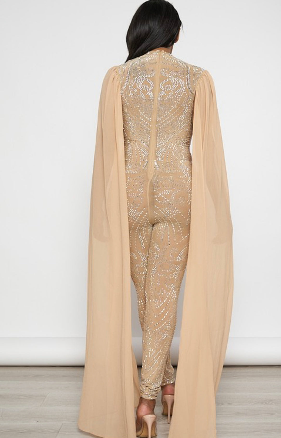 LOYALTY Rhinestone Studded Mesh Jumpsuit w/ Long Cape Sleeves-Jumpsuit-Banjul-Malandra Boutique, Women's Fashion Boutique Located in Las Vegas, NV