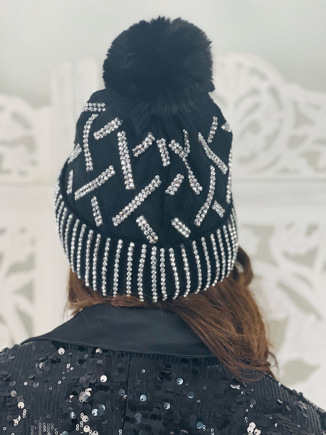 HOLLY Black Knit Rhinestone Pom Pom Beanie-Apparel & Accessories-cap zone-Malandra Boutique, Women's Fashion Boutique Located in Las Vegas, NV
