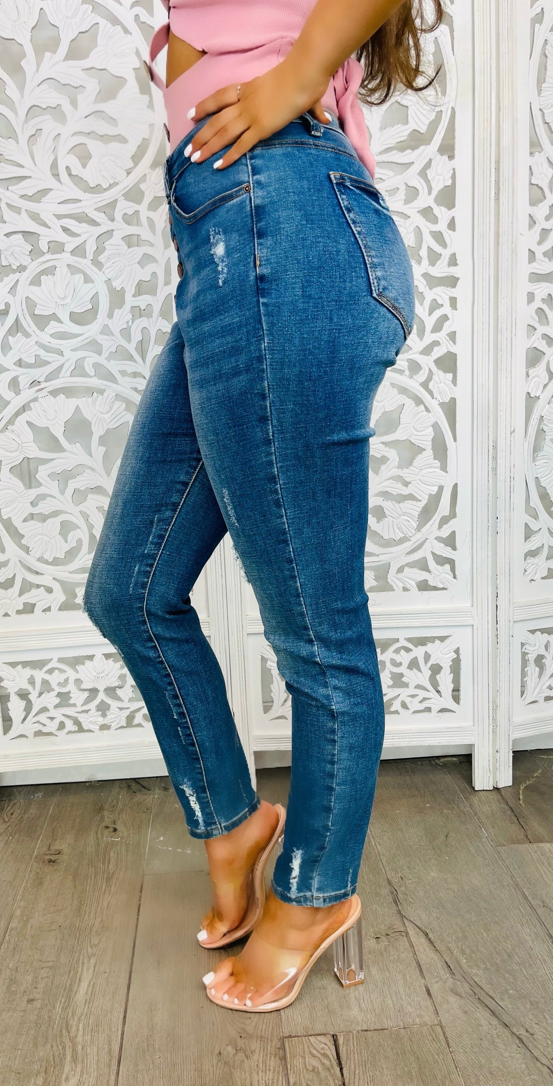 SO IT GOES Hight Rise 5 Button Distressed Skinny Jeans-Jeans-Malandra Boutique-Malandra Boutique, Women's Fashion Boutique Located in Las Vegas, NV