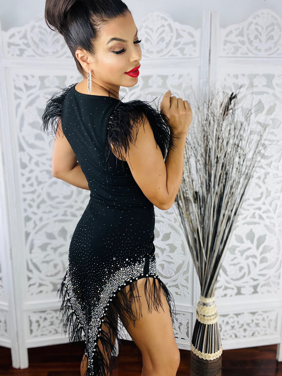 SULTRY Crystal & Feather Midi Dress-Dresses-Banjul-Malandra Boutique, Women's Fashion Boutique Located in Las Vegas, NV