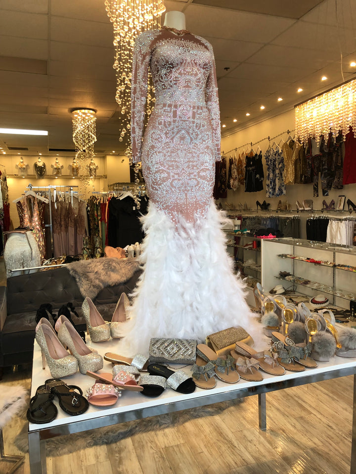 WOMAN, AMEN Nude Beaded & Feathers Mermaid Bottom Dress-Long Dress-Malandra Boutique-Malandra Boutique, Women's Fashion Boutique Located in Las Vegas, NV