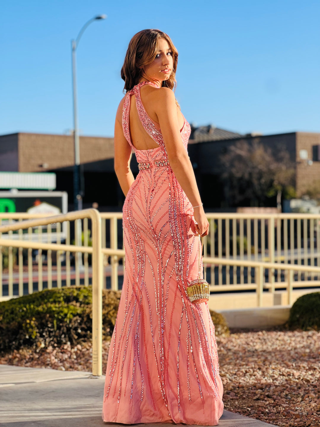 GORGEOUS Pink Halter Rhinestone Studded Gown-Dress-17 Young Dress-Malandra Boutique, Women's Fashion Boutique Located in Las Vegas, NV