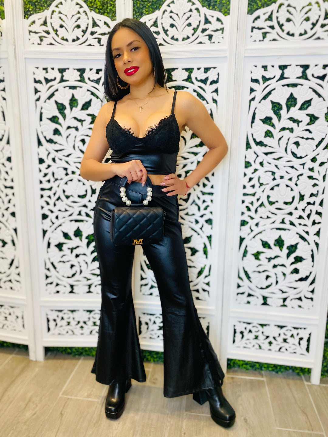 HOLD ON Faux Leather & Lace Bell Bottoms and Crop Top Set-Outfit Sets-Ali-Malandra Boutique, Women's Fashion Boutique Located in Las Vegas, NV
