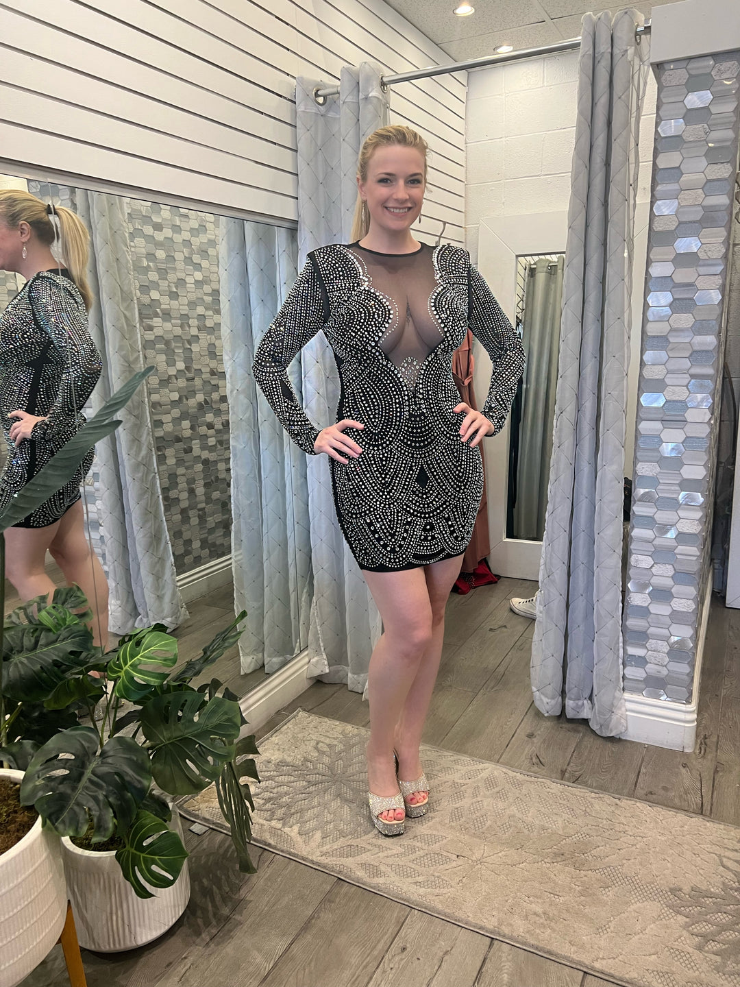SWEETHEART Rhinestone Embellished Long Sleeve Mini Dress-Dress-Banjul-Malandra Boutique, Women's Fashion Boutique Located in Las Vegas, NV