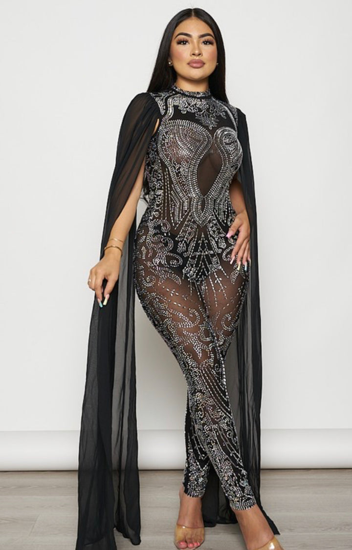 LOYALTY Rhinestone Studded Mesh Jumpsuit w/ Long Cape Sleeves-Jumpsuit-Banjul-Malandra Boutique, Women's Fashion Boutique Located in Las Vegas, NV
