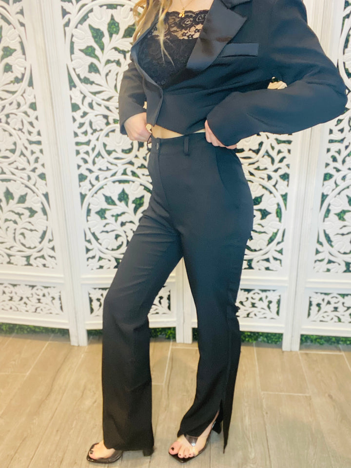 NONE OF YOUR BUSINESS Long Sleeve Suit Crop Top And Flared Pant Set-Outfit Sets-venti6-Malandra Boutique, Women's Fashion Boutique Located in Las Vegas, NV
