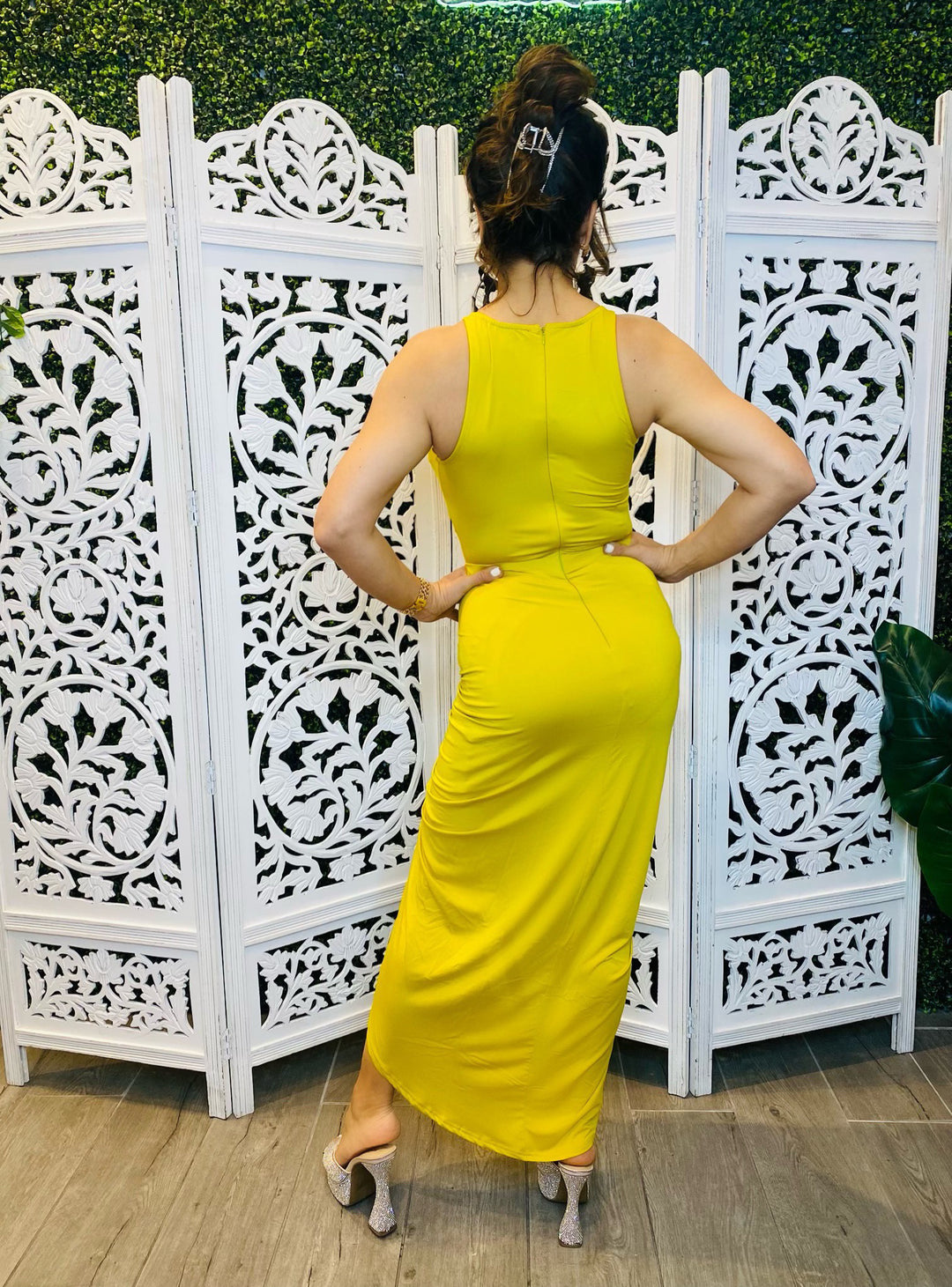Lime Green Back View. STRUT YOUR STUFF Halter Ruched Cut Out Midi Dress-Dress-Dress Day-Malandra Boutique, Women's Fashion Boutique Located in Las Vegas, NV