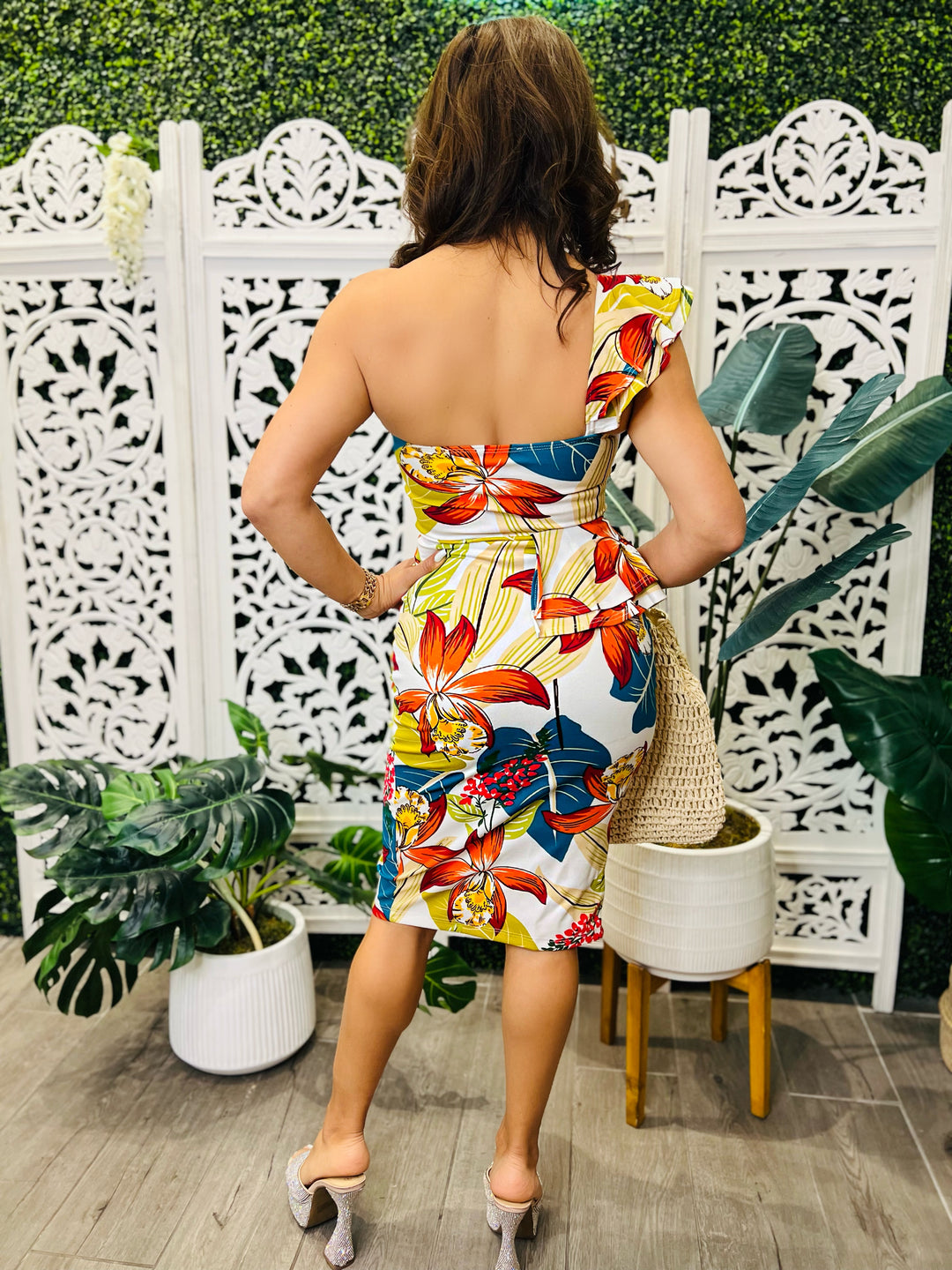 ANOTHER DAY Tropical Multi Print Ruffle Midi Dress-Dresses-Blue S-Malandra Boutique, Women's Fashion Boutique Located in Las Vegas, NV