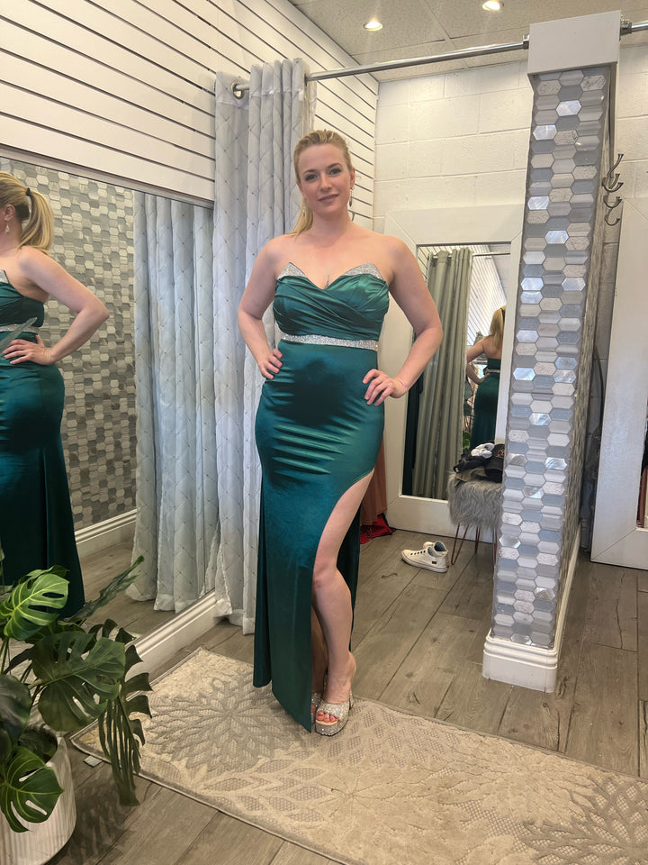 DEEP SEA Satin Rhinestone Paneled Strapless Maxi Dress-Long maxi dress-Symphony-Malandra Boutique, Women's Fashion Boutique Located in Las Vegas, NV