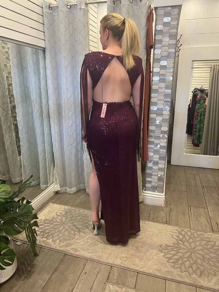 DESIRE Sequin Maxi Dress w/ Fringe Cape Sleeves-Long maxi dress-Symphony-Malandra Boutique, Women's Fashion Boutique Located in Las Vegas, NV