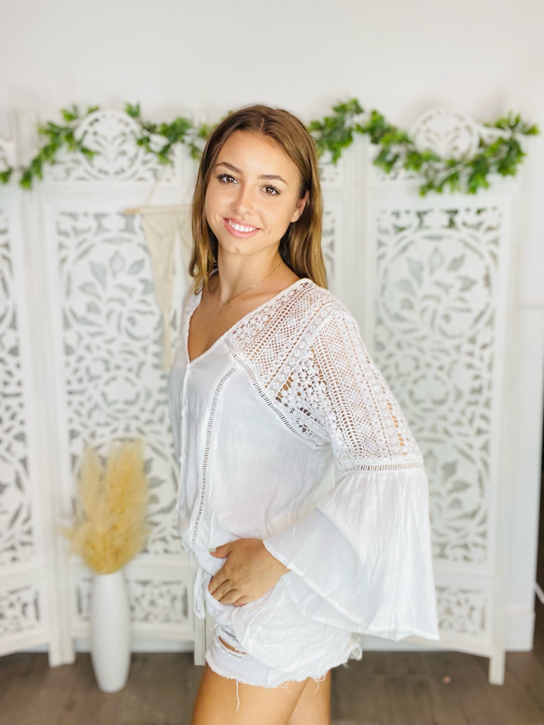TAKE ON ME Boho Chic Button Up Lace Shirt-Shirts & Tops-Lavender J-Malandra Boutique, Women's Fashion Boutique Located in Las Vegas, NV