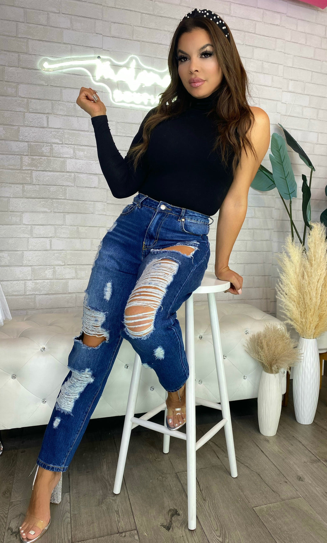 IN MY MIND High Waisted Ripped Denim Mom/Boyfriend Jeans-Jeans-Shop Iris Basic-Malandra Boutique, Women's Fashion Boutique Located in Las Vegas, NV