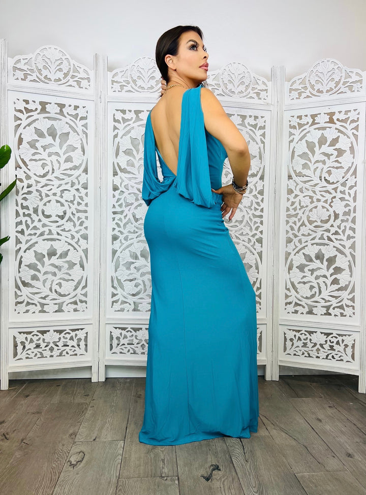 LET YOU Long Open Back Dress w/ Cape Accent Open Back-Apparel & Accessories-Symphony-Malandra Boutique, Women's Fashion Boutique Located in Las Vegas, NV
