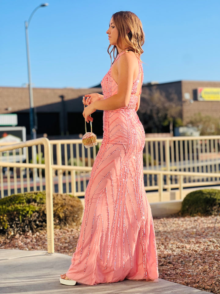 GORGEOUS Pink Halter Rhinestone Studded Gown-Dress-17 Young Dress-Malandra Boutique, Women's Fashion Boutique Located in Las Vegas, NV