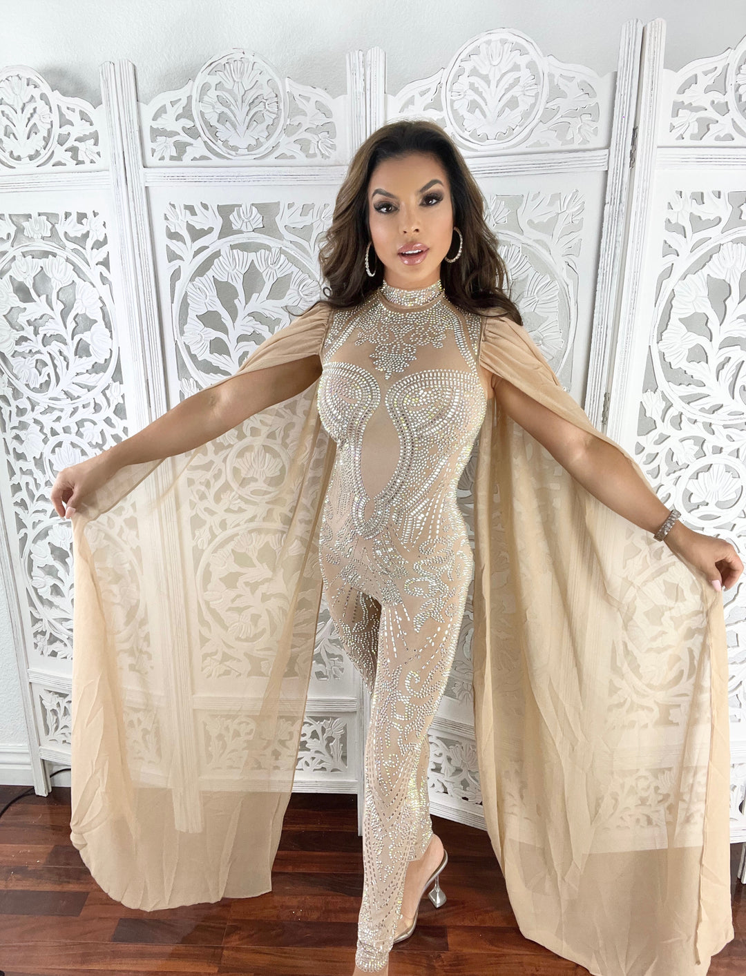 LOYALTY Rhinestone Studded Mesh Jumpsuit w/ Long Cape Sleeves-Jumpsuit-Banjul-Malandra Boutique, Women's Fashion Boutique Located in Las Vegas, NV