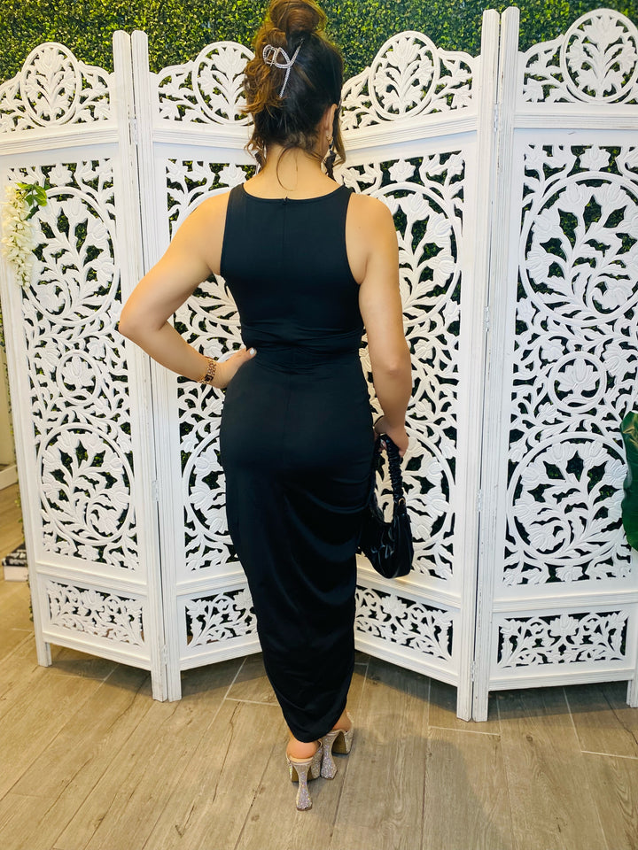 Black Back View. STRUT YOUR STUFF Halter Ruched Cut Out Midi Dress-Dress-Dress Day-Malandra Boutique, Women's Fashion Boutique Located in Las Vegas, NV
