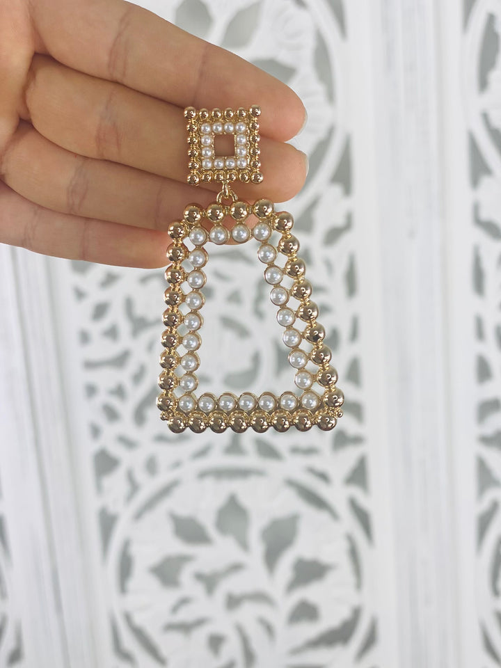 Close Up View. SHY AWAY Door Knocker Pearl Rectangular Drop Earrings-Accessories-ILord-Malandra Boutique, Women's Fashion Boutique Located in Las Vegas, NV