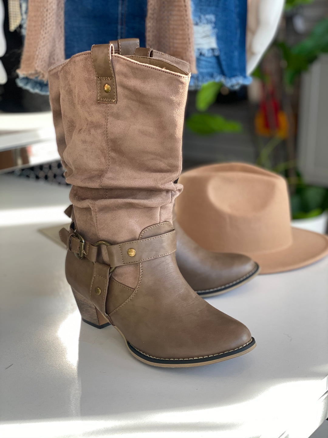 Side View. YEE HAW Grey Slouchy Western Cowboy Boots-Shoes-Malandra Boutique-Malandra Boutique, Women's Fashion Boutique Located in Las Vegas, NV