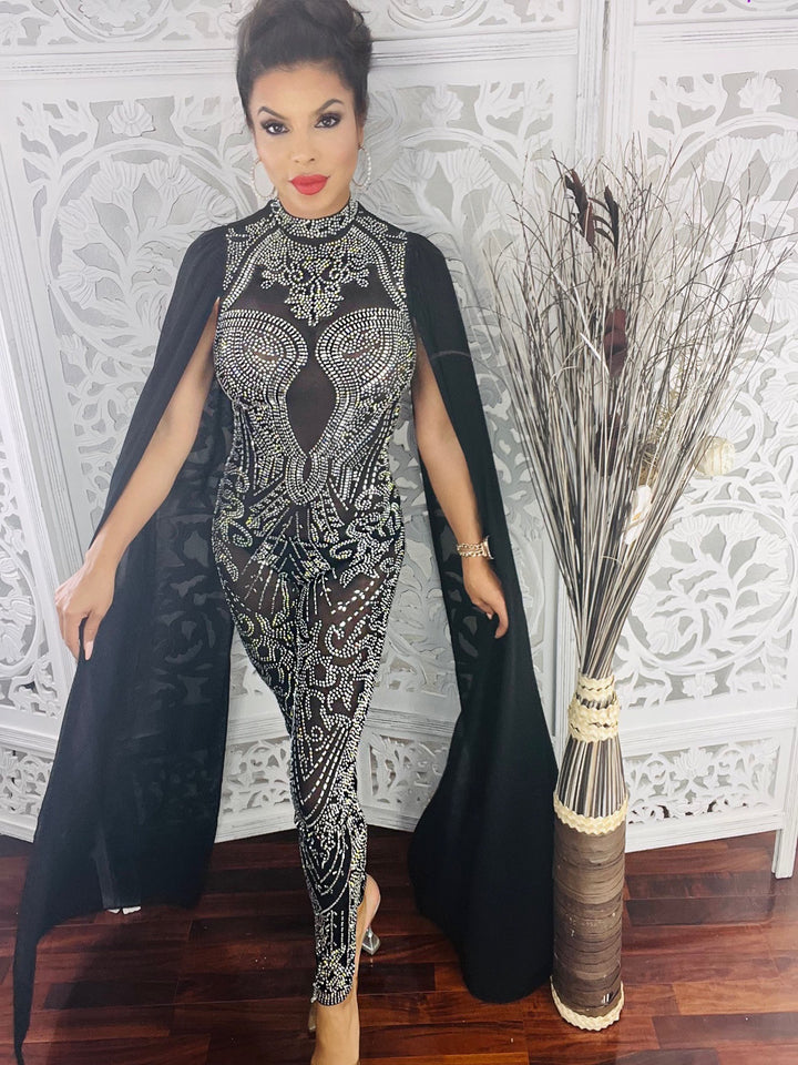 LOYALTY Rhinestone Studded Mesh Jumpsuit w/ Long Cape Sleeves-Jumpsuit-Banjul-Malandra Boutique, Women's Fashion Boutique Located in Las Vegas, NV