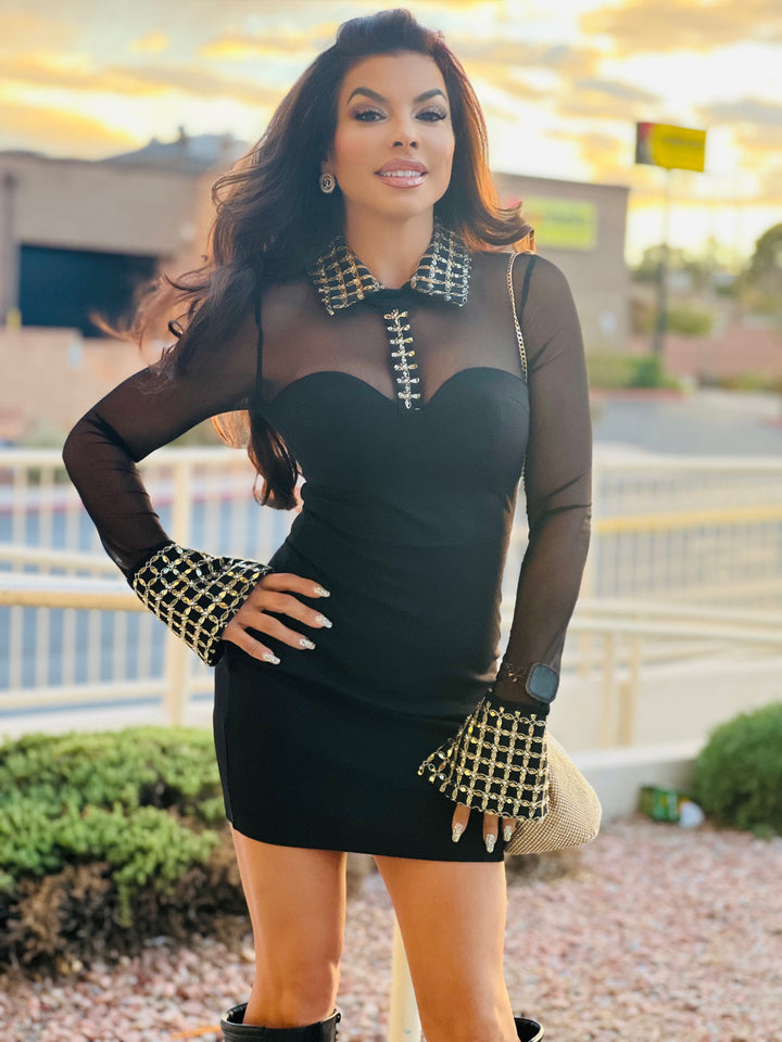 LOVE WITCH Mesh Bustier Long Sleeve Rhinestone Collar Dress-Clothing-Queen Mania-Malandra Boutique, Women's Fashion Boutique Located in Las Vegas, NV