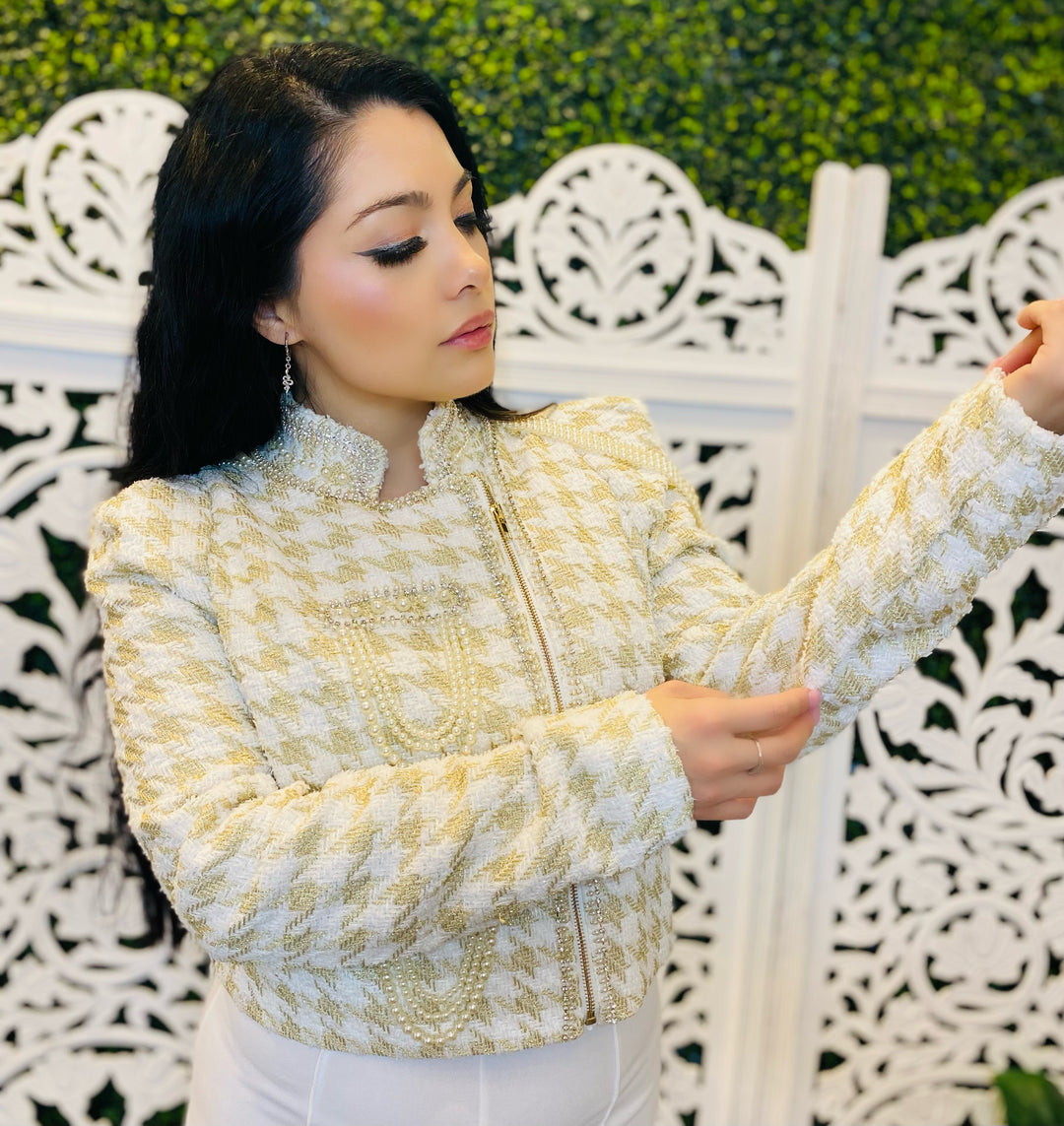 WE ALL TRY Houndstooth Rhinestone & Pearl Trim Zip-Up Jacket-Coats & Jackets-Blithe-Malandra Boutique, Women's Fashion Boutique Located in Las Vegas, NV