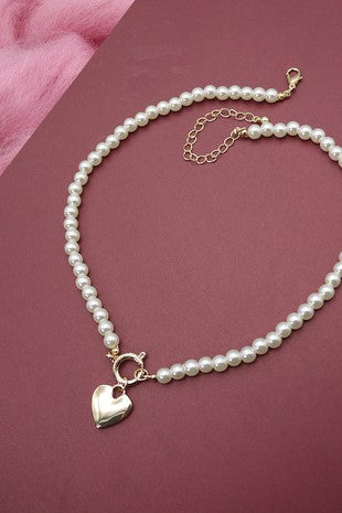 HEARTFELT Pearl Gold Heart Charm Necklace-Necklace-Wall to Wall-Malandra Boutique, Women's Fashion Boutique Located in Las Vegas, NV