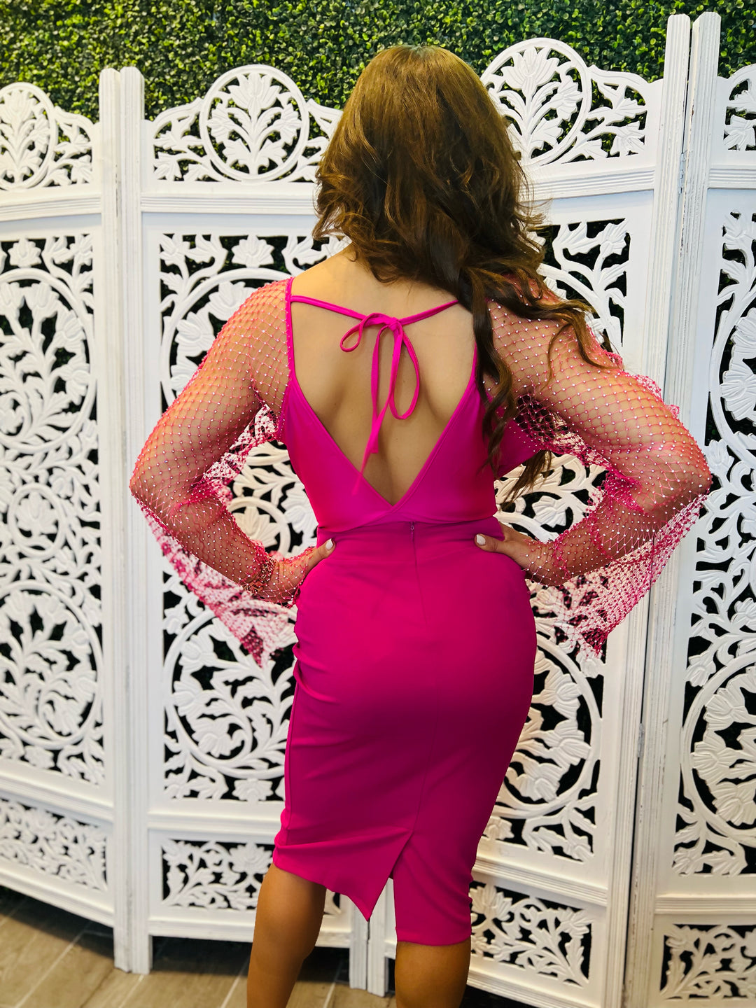 Barbie Pink Back View. TOO COOL FOR YOU V-neckline Rhinestone Sleeve Bodysuit-Bodysuit-Lime Mist-Malandra Boutique, Women's Fashion Boutique Located in Las Vegas, NV