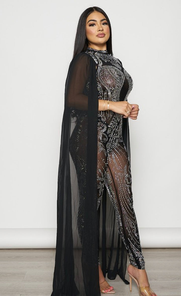 LOYALTY Rhinestone Studded Mesh Jumpsuit w/ Long Cape Sleeves-Jumpsuit-Banjul-Malandra Boutique, Women's Fashion Boutique Located in Las Vegas, NV