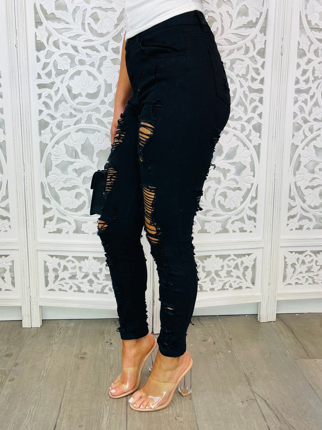 MIDNIGHT SKY Black Stretchy Ripped Distressed Jeans-Jeans-Malandra Boutique-Malandra Boutique, Women's Fashion Boutique Located in Las Vegas, NV
