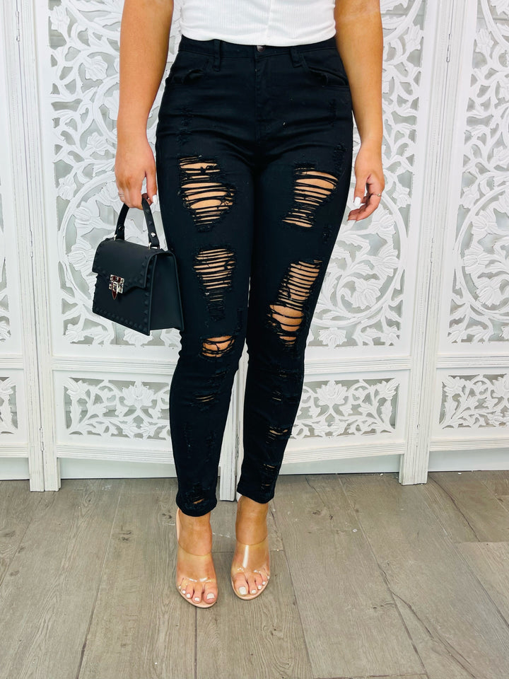 MIDNIGHT SKY Black Stretchy Ripped Distressed Jeans-Jeans-Malandra Boutique-Malandra Boutique, Women's Fashion Boutique Located in Las Vegas, NV