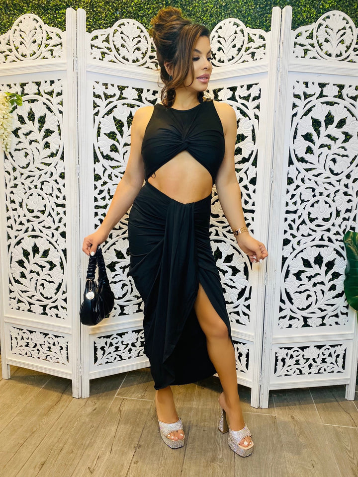 Black Front View. STRUT YOUR STUFF Halter Ruched Cut Out Midi Dress-Dress-Dress Day-Malandra Boutique, Women's Fashion Boutique Located in Las Vegas, NV