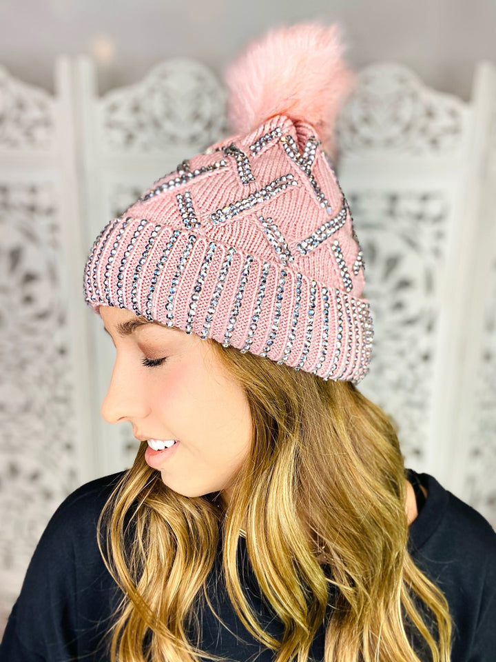 HOLLY Black Knit Rhinestone Pom Pom Beanie-Apparel & Accessories-cap zone-Malandra Boutique, Women's Fashion Boutique Located in Las Vegas, NV