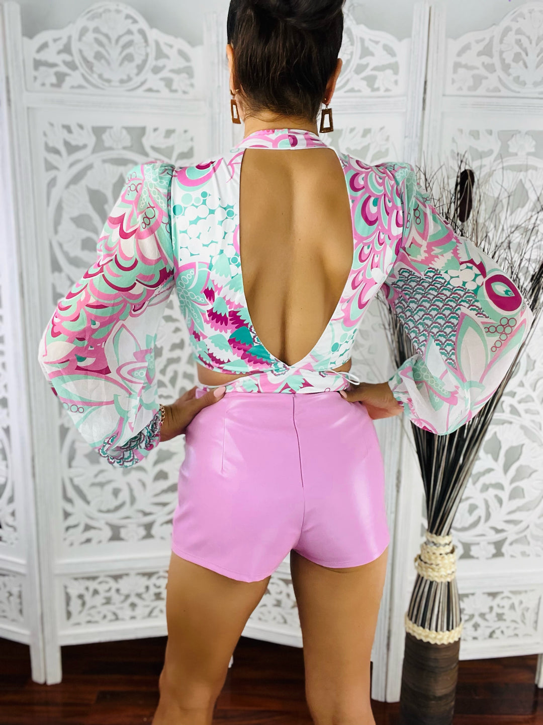 Pink Back View. WHO ME? Black Vegan Leather Mini Skort-Skorts-Bear Dance-Malandra Boutique, Women's Fashion Boutique Located in Las Vegas, NV