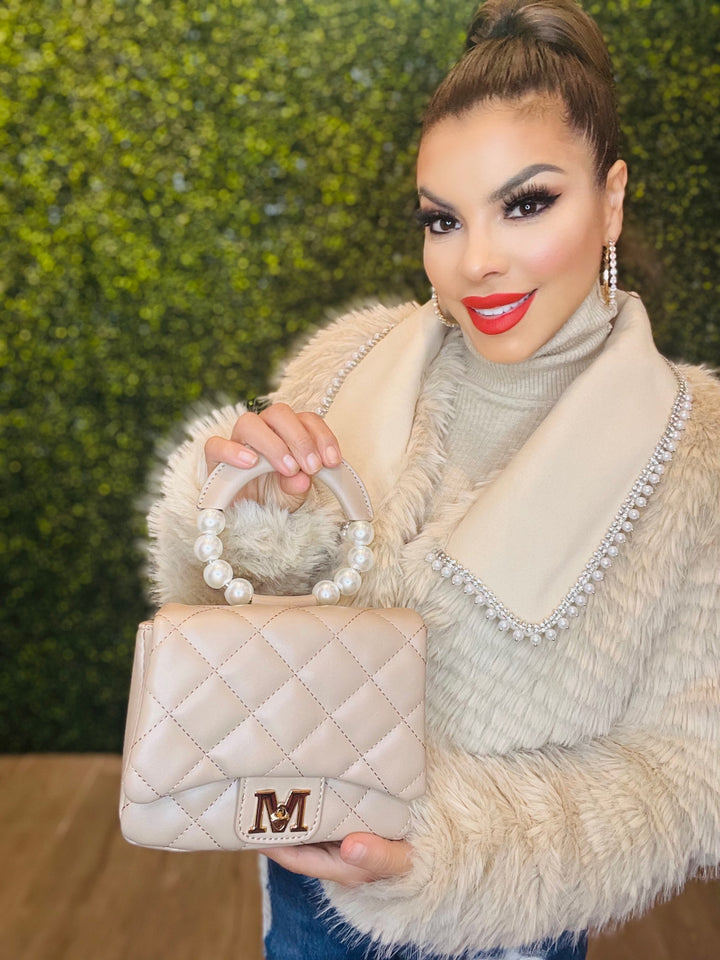 Beige Front View. M Quilted Pearl Handle Cross Body Purse-Accessories-ILord-Malandra Boutique, Women's Fashion Boutique Located in Las Vegas, NV