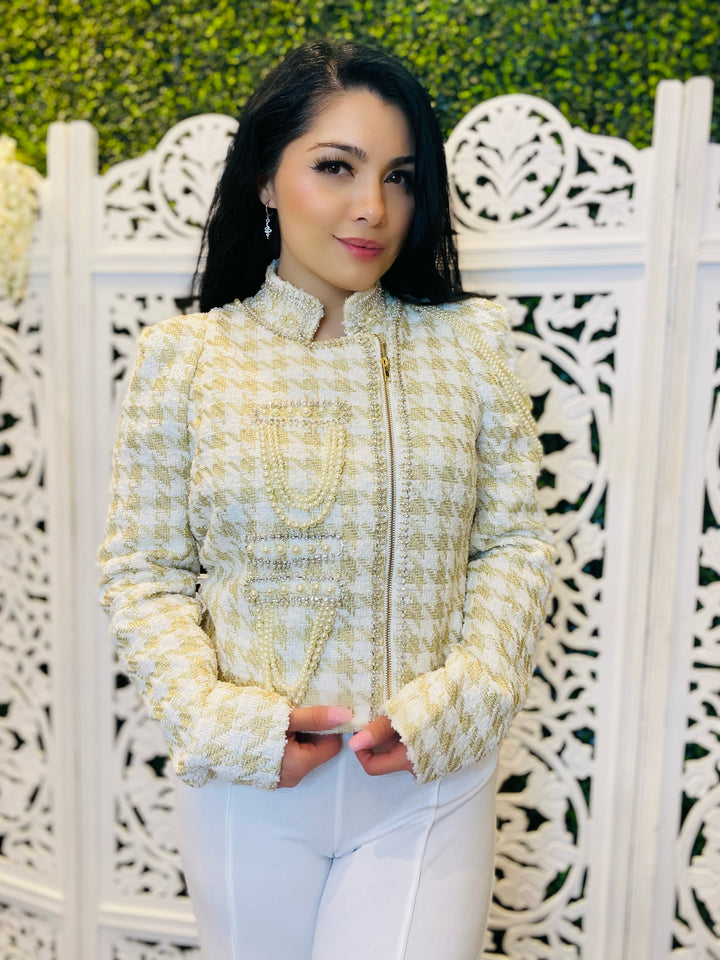 WE ALL TRY Houndstooth Rhinestone & Pearl Trim Zip-Up Jacket-Coats & Jackets-Blithe-Malandra Boutique, Women's Fashion Boutique Located in Las Vegas, NV