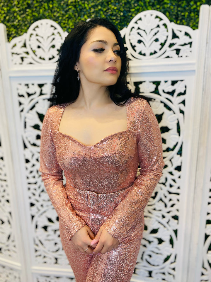 DANCINGS DONE Rose Gold Sequin Jumpsuit w/ Belt-Ali-Malandra Boutique, Women's Fashion Boutique Located in Las Vegas, NV