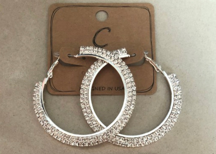 Silver View. Rhinestone Studded Hoops-Earrings-White Stone Blue River-Malandra Boutique, Women's Fashion Boutique Located in Las Vegas, NV