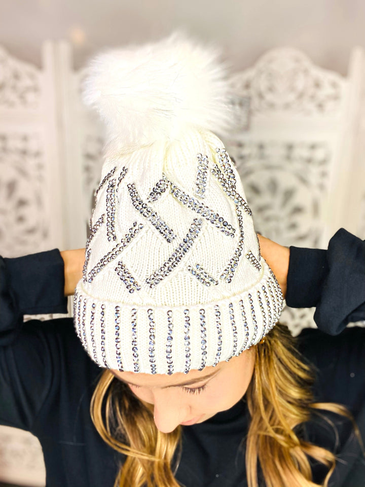 HOLLY Black Knit Rhinestone Pom Pom Beanie-Apparel & Accessories-cap zone-Malandra Boutique, Women's Fashion Boutique Located in Las Vegas, NV